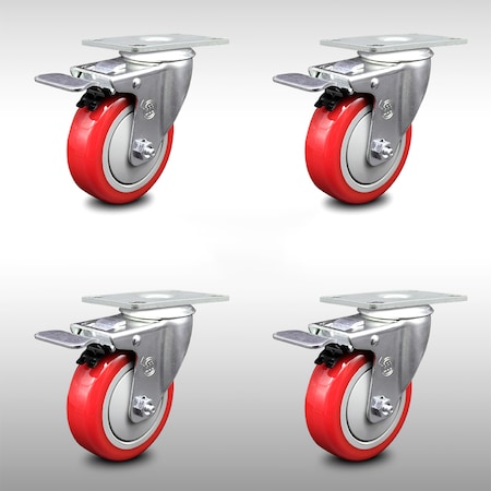 Service Caster 4 Inch SS Red Polyurethane Top Plate Caster Set Total Lock Brake SCC SCC-SSTTL20S414-PPUB-RED-4